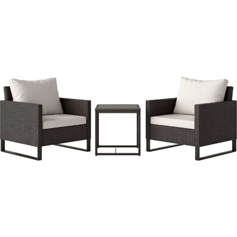 Outsunny 3PCS Rattan Bistro Set Glass Top Table and Chairs with 4 Cushions Brown