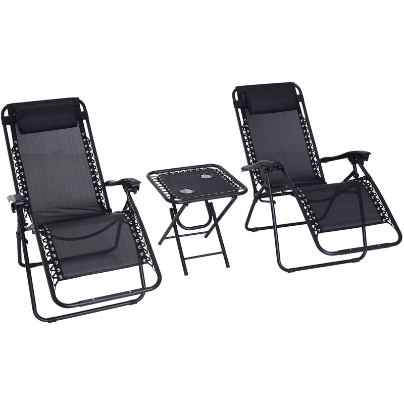 3pcs Folding Zero Gravity Chairs Sun Lounger Table Set w/ Cup Holders Reclining Garden Yard Pool, Black - Outsunny