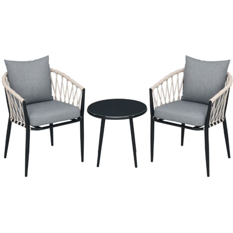 Outsunny 3tlg. Gartenmöbel Set, Garten-Bistroset inkl. 1 Tisch, 2 Stühlen mit Sitzkissen, Balkon-Set, Gartengarnitur für Terrasse, Balkon, Stahl, Grau