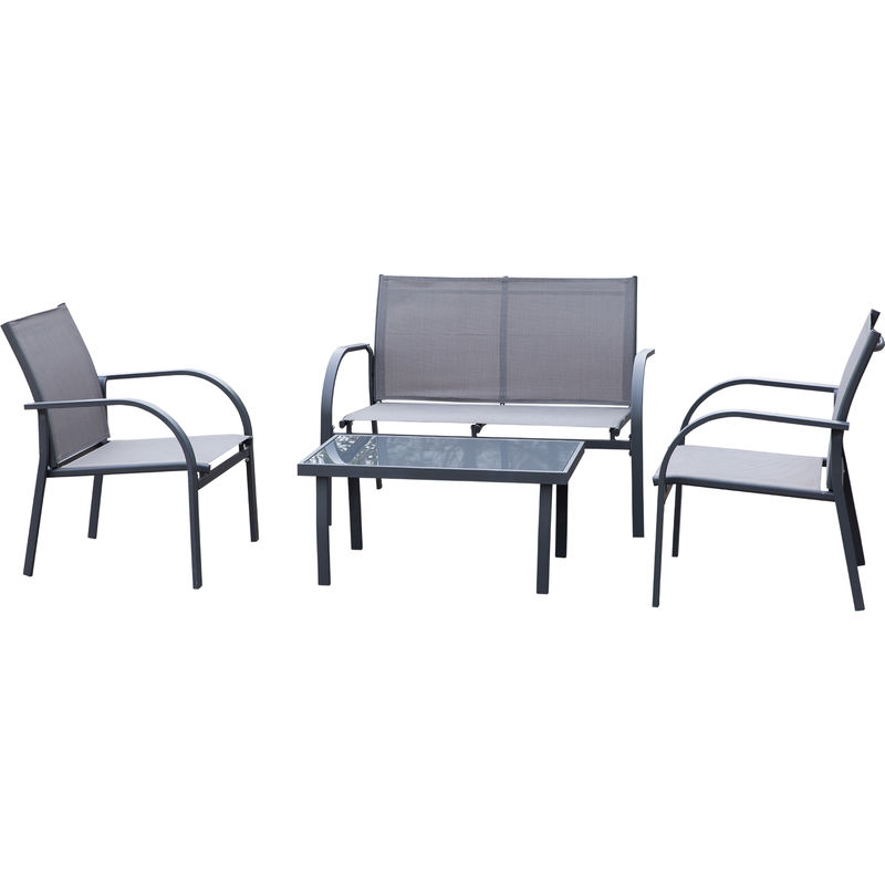 4 Pcs Curved Steel Outdoor Dining Set w/ Loveseat 2 Chairs Glass Top Grey - Outsunny