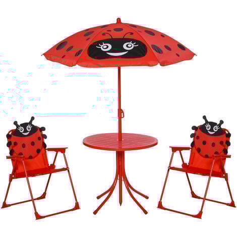 main image of "Outsunny 4 Pcs Kids Garden Picnic Table Chair w/ Umbrella Foldable Patio Set Ladybird Children Outdoor Furniture"