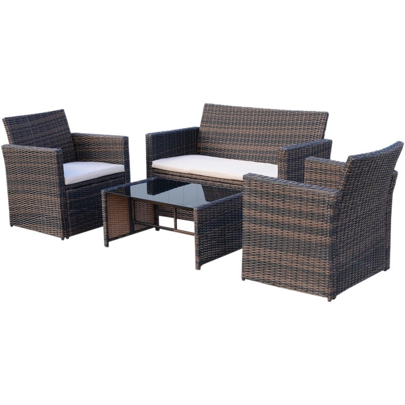 4 Pcs PE Rattan Garden Set w/ 2 Chairs Loveseat Table Cushions Brown - Outsunny