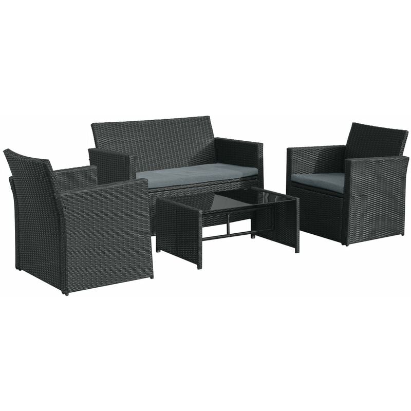 4 Pcs PE Rattan Garden Set w/ 2 Chairs Loveseat Table Padded Seats Black - Outsunny