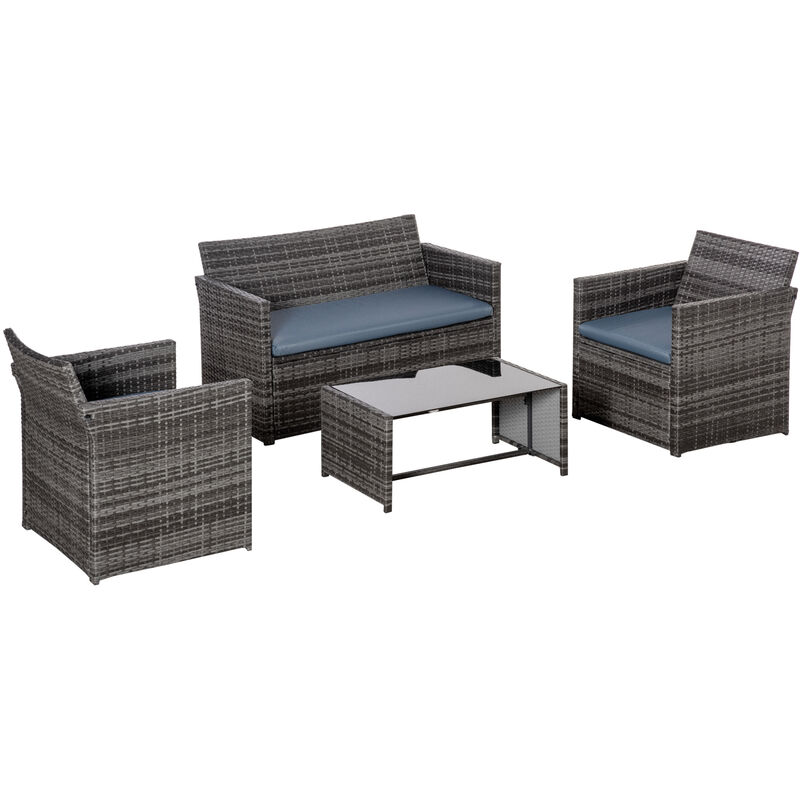 4 Pcs PE Rattan Garden Sofa Set w/ Chairs Sofa Glass Top Table Grey - Outsunny