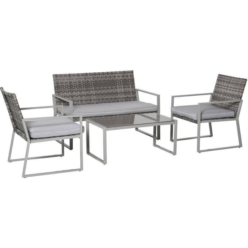 4-Pcs Rattan Dining Set Wicker w/ 2 Chairs Sofa Glass Table Set Grey - Outsunny
