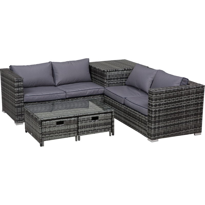 4 pcs Rattan Furniture Sofa Storage Table Set w/ 2 Drawers Table Grey - Outsunny