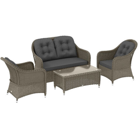 Outsunny 4 Pieces Rattan Sofa Set Outdoor Conservatory Furniture with Cushions Grey