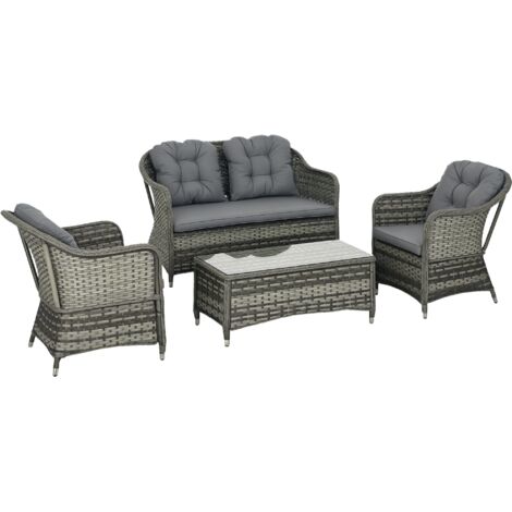 Outsunny 4 Pieces Rattan Sofa Set Outdoor Conservatory Furniture with Cushions Light Grey