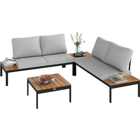 Outsunny 4 Seater Garden Corner Sofa Set with Removable Thick Cushions Teak