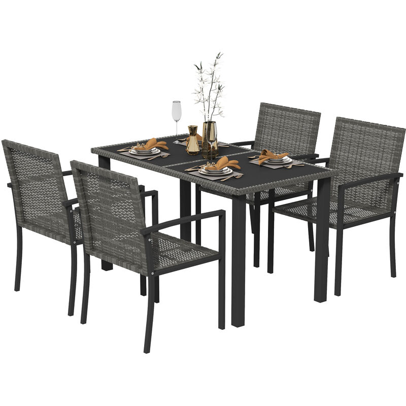 Outsunny - 4 Seater Rattan Garden Furniture Set w/ Glass Tabletop Grey