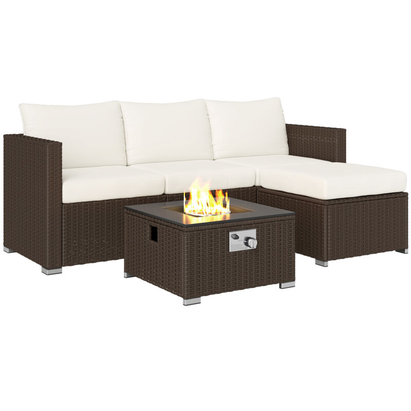 Outsunny 4 Seater Rattan Sofa Set with Footstool Thick Cushions Brown Cream