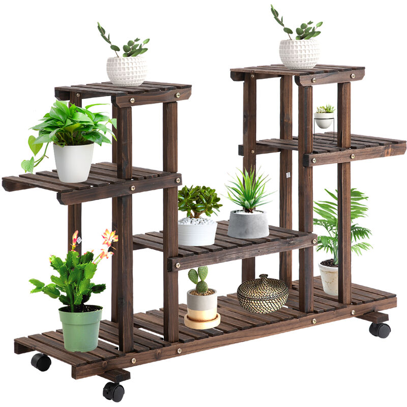 Outsunny 4-Tier Wooden Plant Stand w/ Wheels Handle Indoor Outdoor Flower Pot