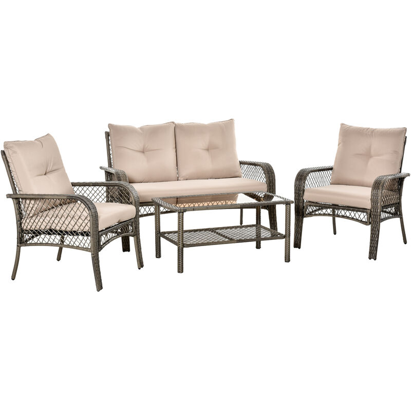 4-tlg. Gartensitzgruppe mit Beistelltisch Kissen Rattan Gartenset Polyrattan Metall Grau 136 x 79 x 88 cm - grau - Outsunny