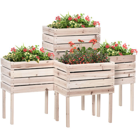 Outsunny 4 tlg. Hochbeet Pflanzkübel Pflanzkasten aus Holz 4 Kombinationsmodi im Garten und Balkon 50 x 30 x 60 cm Natur