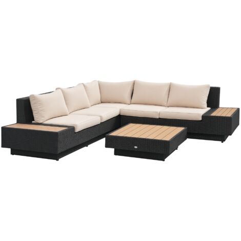 Outsunny 4-tlg. Luxus Polyrattan Gartengarnitur Gartenmöbel Garten-Set Sitzgruppe Loungeset Loungemöbel inkl. Ablagen und Beistelltisch Sitzkissen Schwarz