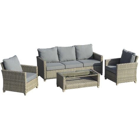 Outsunny 4-tlg. Polyrattan Gartenmöbel Set Gartengarnitur Garten-Set Sitzgruppe Loungeset Loungemöbel mit Couchtisch Sitzkissen Aluminium Braun+Grau