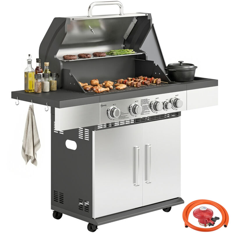 Outsunny 4+1 Burner Gas Bbq Grill, Portable Gas Barbecue Grill