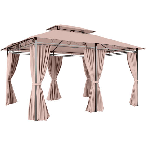 Outsunny 4m x 3(m) Outdoor 2-Tier Steel Frame Gazebo w/ Curtains Outdoor Garden Khaki