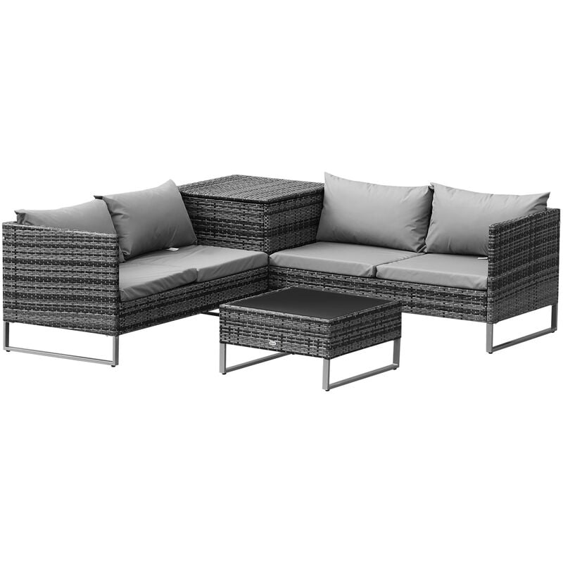4Pcs Rattan Wicker Sofa Loveseat Garden Table w/ Cushions Storage Grey - Outsunny