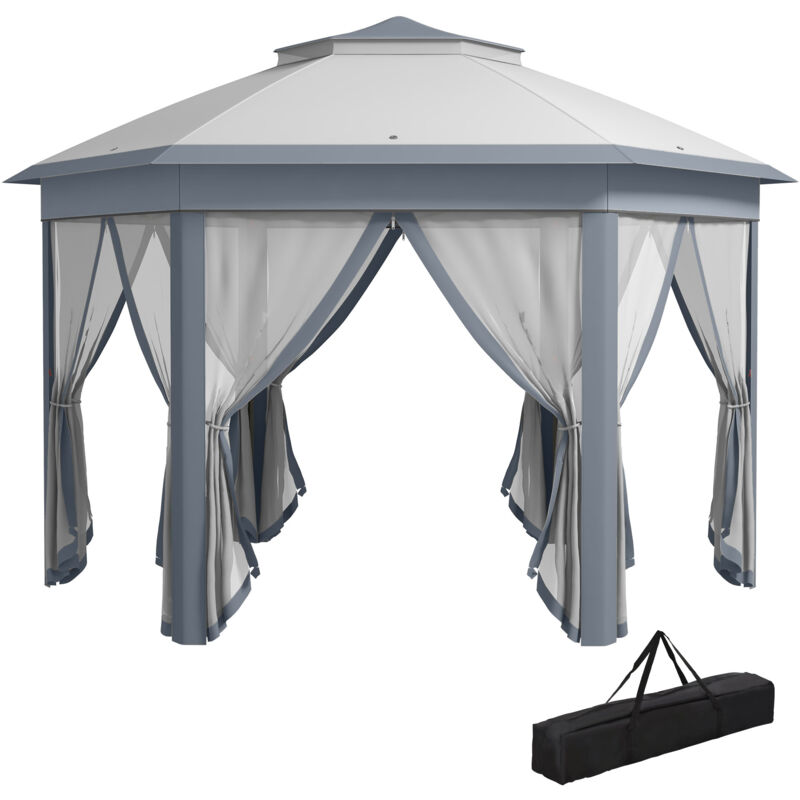 Outsunny 3x4m Hexagon Gazebo w/ Metal Frame Mesh Curtains Outdoor Garden Grey