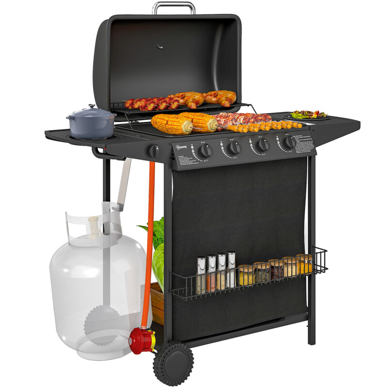 Outsunny - 5 Burner Gas Barbecue Grill Portable Gas bbq Grill with Lid, Black