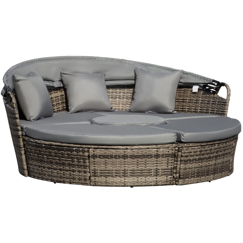 Outsunny - 5 PCs Cushioned Outdoor Plastic Rattan Round Sofa Bed Table Set Deep Grey - Grey