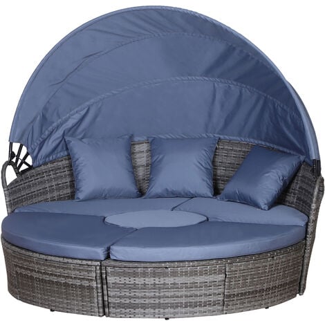 Outsunny 5 PCs Cushioned Outdoor Plastic Rattan Round Sofa Bed Table Set Grey