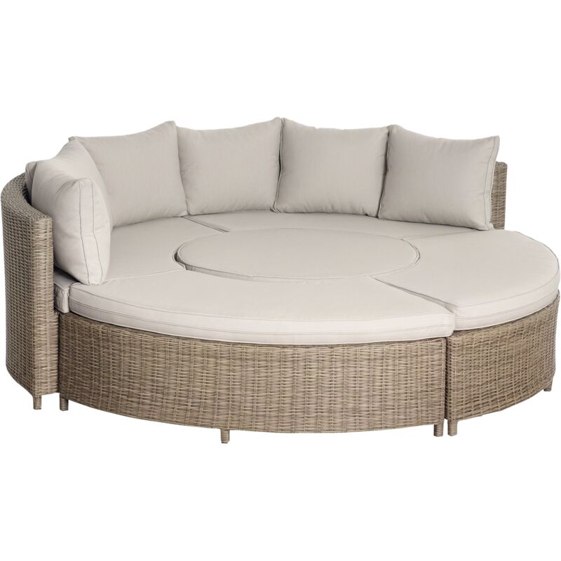 Outsunny 5 PCs Outdoor Rattan Lounge Chair Round Daybed Table Set w/ Cushion