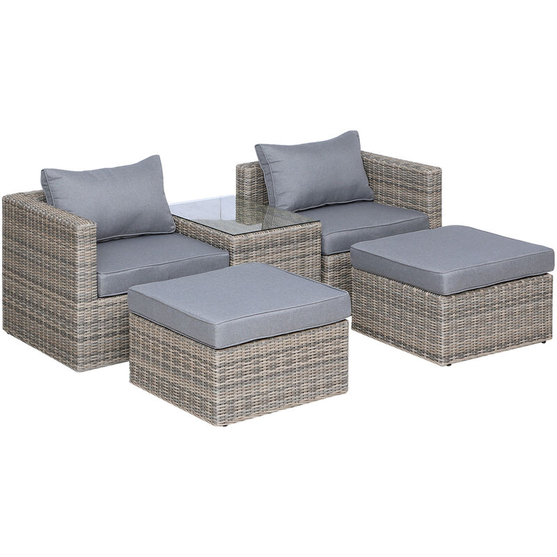 Outsunny 5 Pcs PE Rattan Armchair Footstool Set Tall Table Aluminium Frame Grey