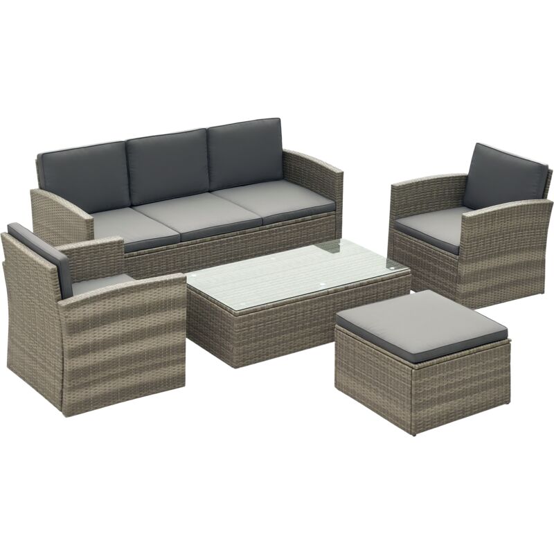 5 Pcs PE Rattan Dining Set w/ 2 Chairs 3-Seat Sofa Footstool Table Grey - Outsunny