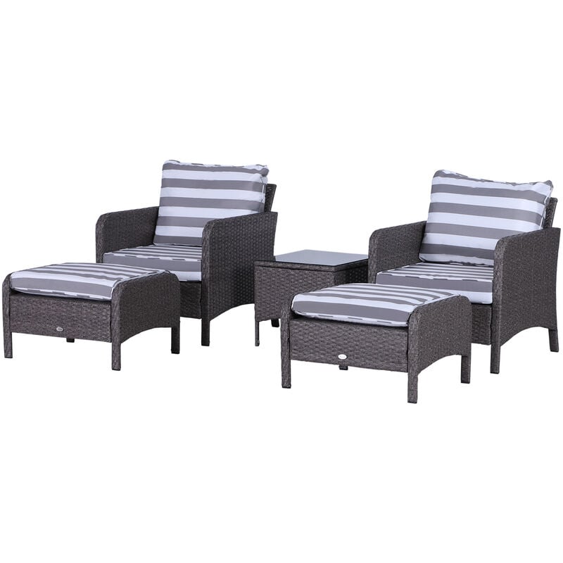 5 Pcs PE Rattan Garden Furniture Set w/ C4hairs Stools Glass Table Dark Grey - Outsunny