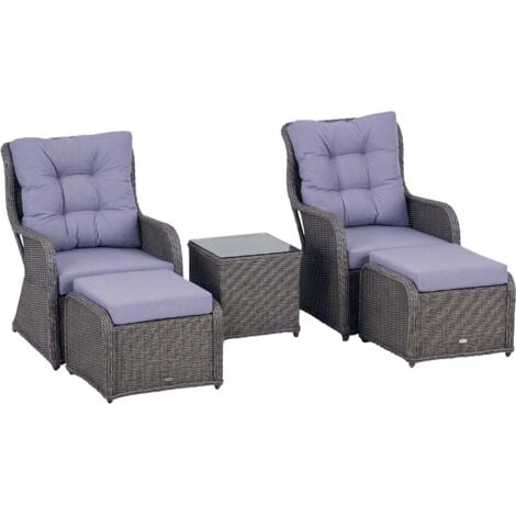 Outsunny 5 Pcs Rattan Set w/ 2 Chairs 2 Footstools Table Cushions Plastic Wicker Grey