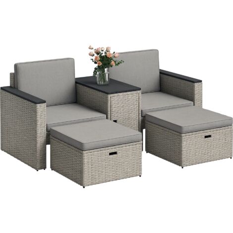 Outsunny 5 Piece Rattan Garden Furniture Set w/ Storage Table, Stools, Grey