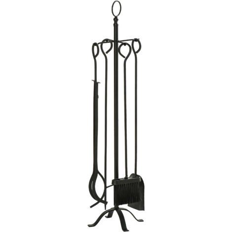 Outsunny 5-teiliges Kamingarnitur Kamin Garnitur Set Kaminbesteck innen Kamin Zubehör Kaminofen Besteck Schmiedeeisen Besteck Werkzeuge Metall Schwarz 20 x 20 x 82,5 cm