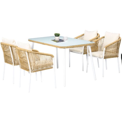 Outsunny 5-tlg. Polyrattan Gartenmöbel Set Esstisch mit 4 Stapelstühlen Gartensitzgruppe mit Kissen Sitzgarnitur mit Tischplatte aus Hartglas für Balkon, Terrasse, Gelb