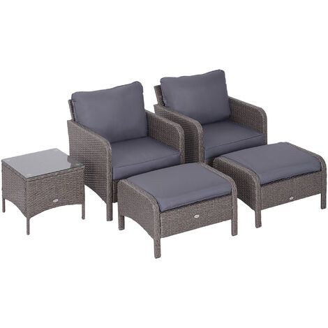Outsunny 5-tlg. Polyrattan Gartenmöbel Sitzgruppe Gartenset Sofagarnitur Garnitur Lounge mit Kissen Dunkelgrau 2 x Sessel 1 x Couchtisch 2 x Hocker - dunkelgrau