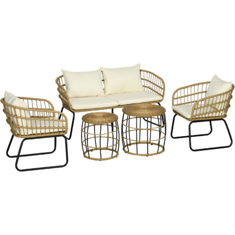 Outsunny 5 tlg. Rattan Gartenmöbel-Set, Sitzgruppe mit Kissen, Gartengarnitur mit 2 Couchtischen, 2 Sesseln, 1 Doppelsofa, Sitzgarnitur für Garten, Terrasse, Stahl, Beige