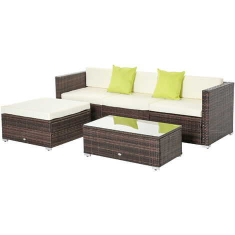 Outsunny 5PC Rattan Furniture Set Garden Outdoor Sectional Sofa Coffee Table Combo Patio Furniture Metal Frame w/ Cushion Pillows Brown