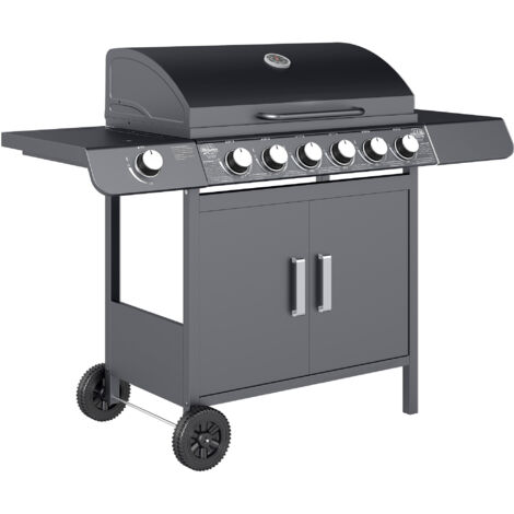 Outsunny 6+1 Burner Gas BBQ Grill Garden Barbecue with Wheels, Cabinet Grey
