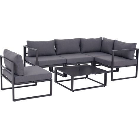 Outsunny 6 PCs Outdoor Indoor Sectional Corner Sofa Set Thick Padded Cushions Aluminium Frame 5 Seaters 1 Coffee Table Grey