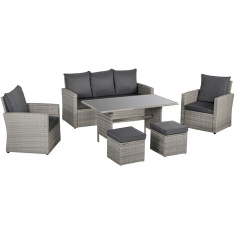 Outsunny 6 PCS Patio PE Rattan Sofa Furniture Set Dining Table Grey