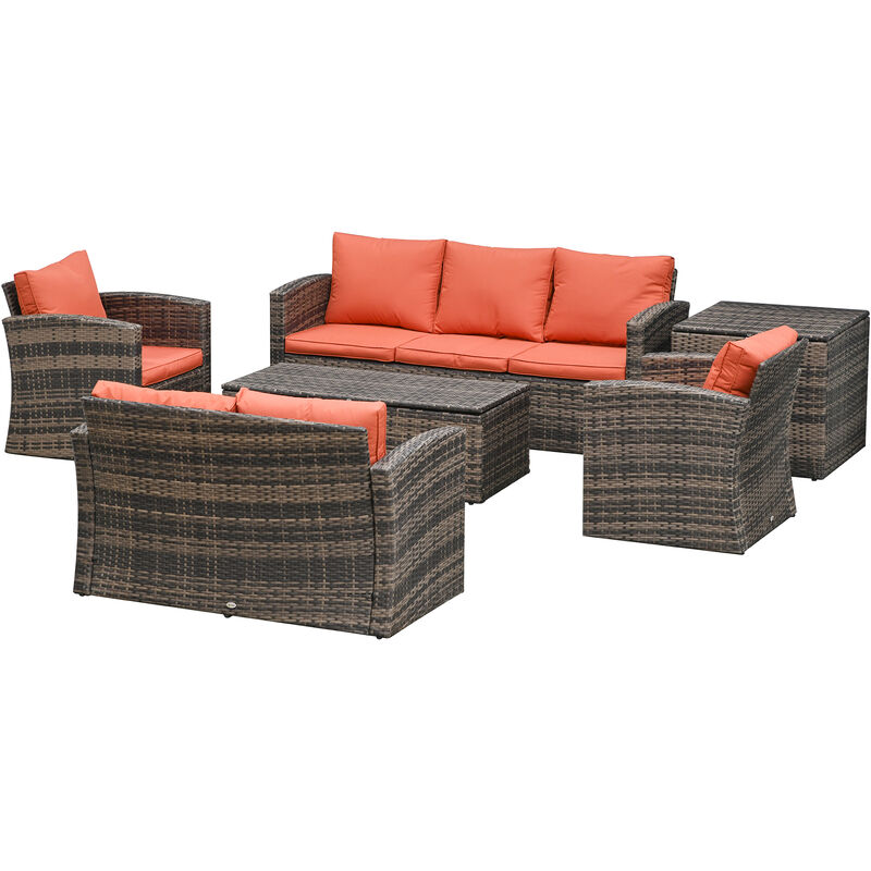 6 Pcs Rattan Outdoor Dining Lounge Set w/ Storage Table Orange Cushions - Outsunny