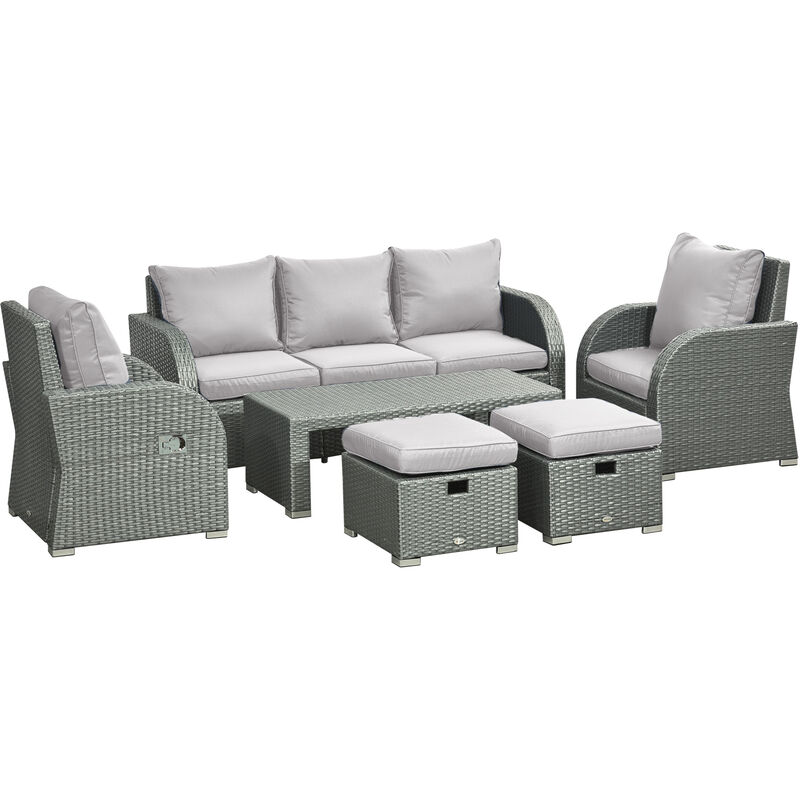 6 Pcs Reclining Rattan Set w/ 2 Chairs Sofas 2 Stools Table Cushions Grey - Outsunny