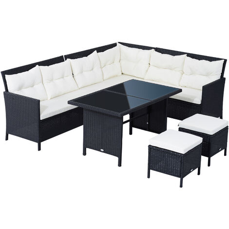 Outsunny 6 Pieces Sofa Set Furniture Rattan Cushion Seat Wicker Black Garden Black, cream white