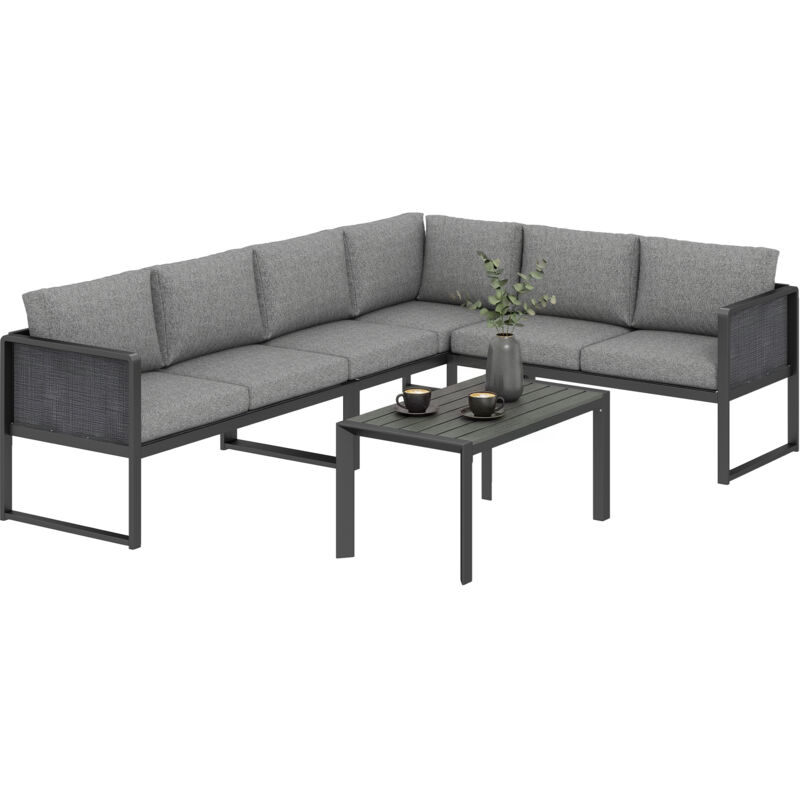Outsunny 6 Seater Metal Garden Furniture Corner Sofa Set, Dark Grey