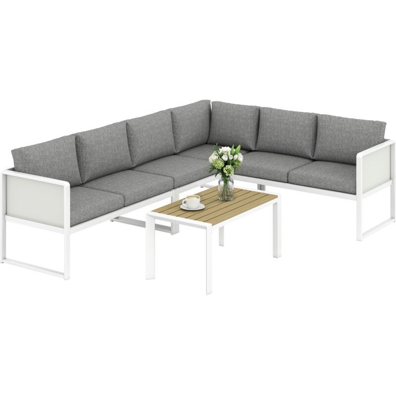 Outsunny 6 Seater Metal Garden Furniture Corner Sofa Set, White