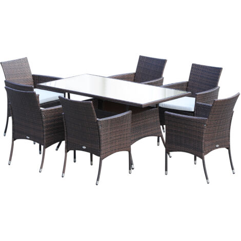 Outsunny 6 Seater Rattan Dining Set with Cushions, Rattan Garden Furniture Set with 6 Armchairs, Rectangular Glass Top Table, Outdoor Dining Table and Chairs, Brown