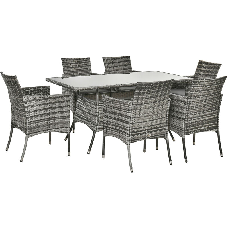 Rattan Garden Furniture Dining Set 6-seater Patio Rectangular Table Cube Chairs Outdoor Fire Retardant Sponge Grey - Outsunny