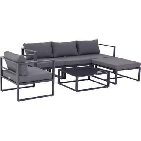 Outsunny 6-tlg. Gartenset Gartengarnitur Gartensofaset Sitzgruppe Gartenmöbel Aluminium + Polyester + Hartglas Grau mit Kissen für 4–5 Personen