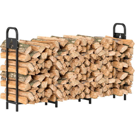 Outsunny 6.5 FT Steel Firewood Log Rack with 300 kg Capacity, Heavy Duty Indoor Outdoor Fireplace Wood Storage Shelf, Log Holder/Stand with Extra Support Legs, Decorative Bonfire Pattern, Black